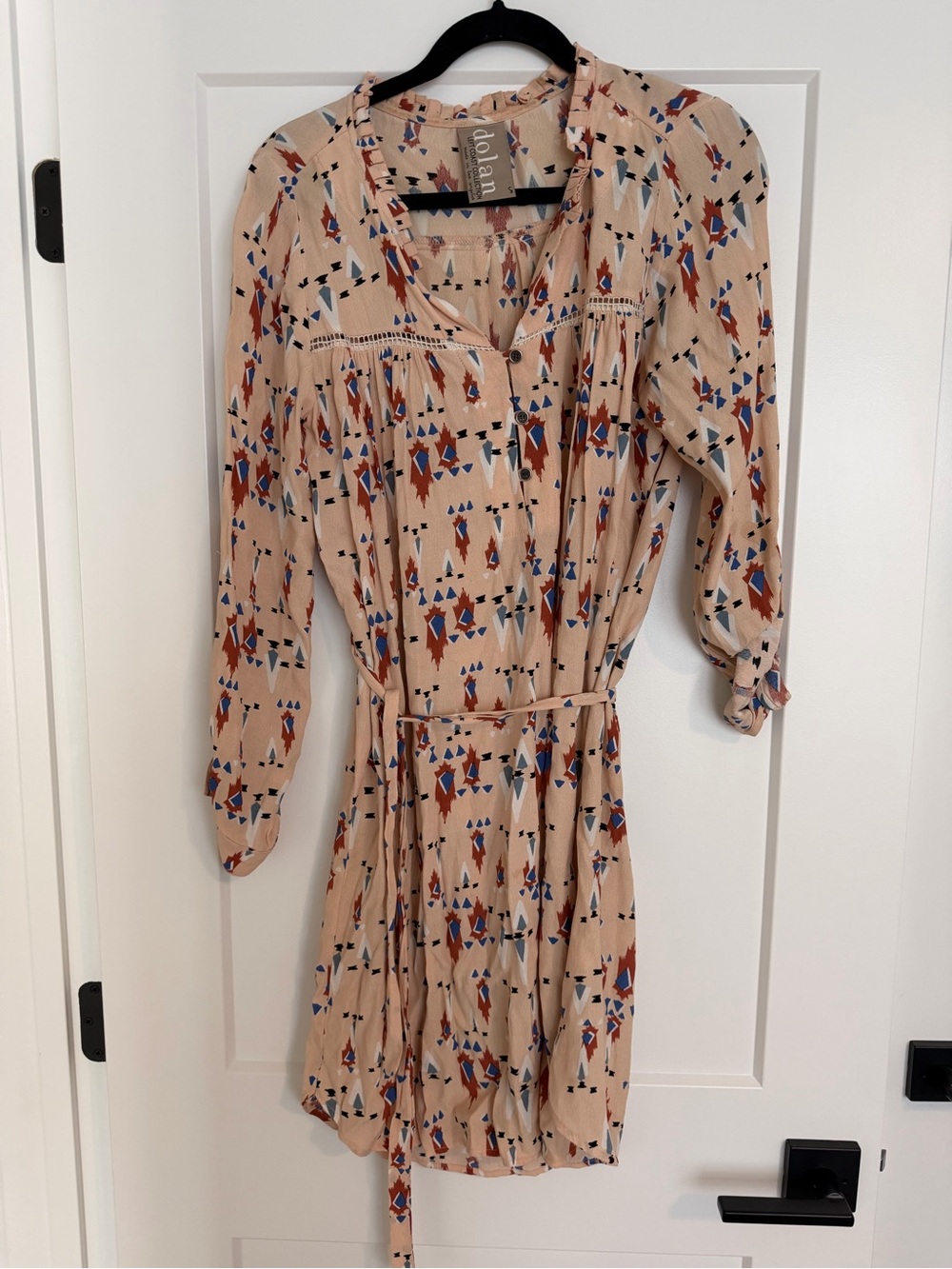 dolan Beige One-Shoulder Printed Tie-Waist Dress with Blue & Rust Accents